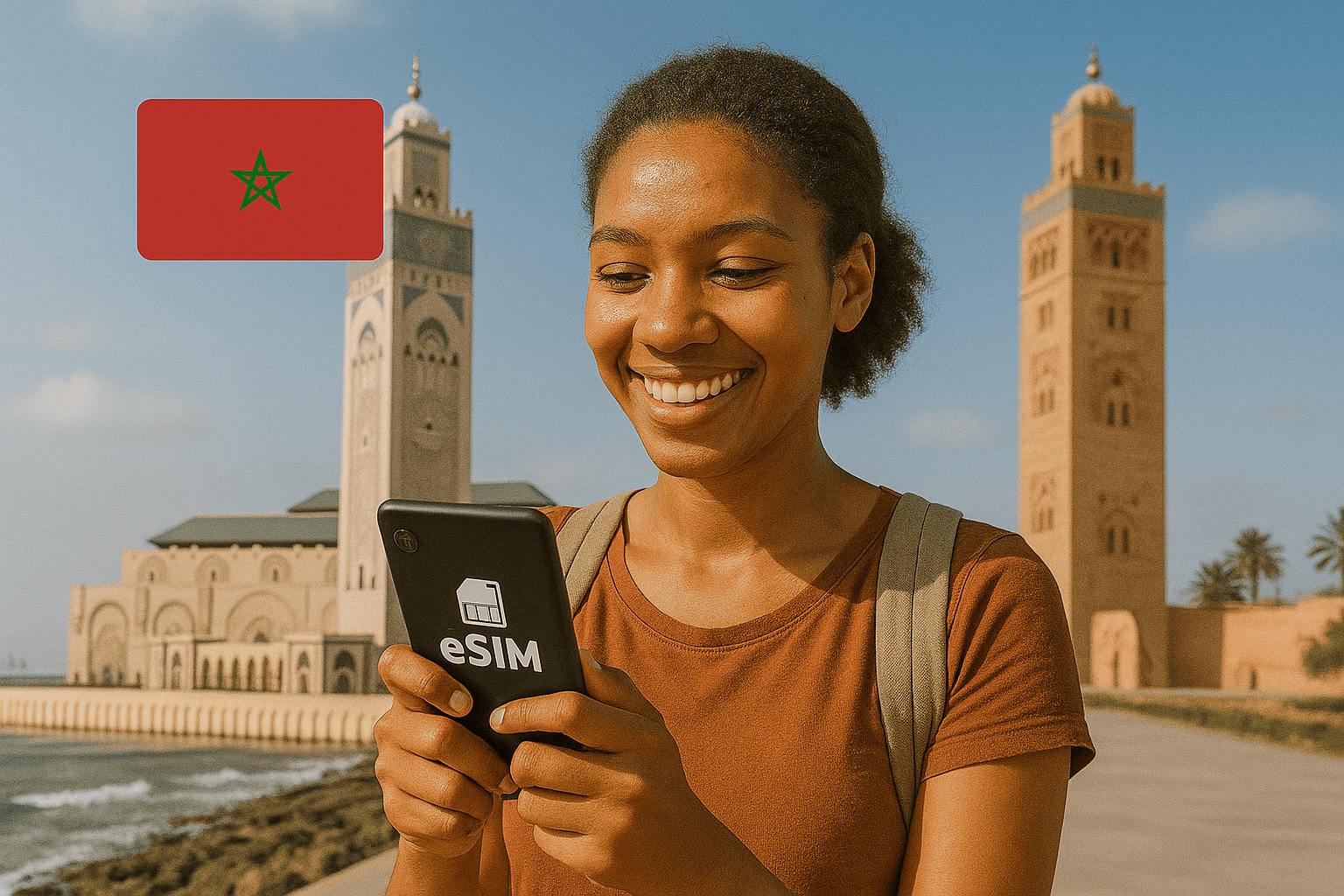 Voyageuse utilisant une eSIM au Maroc