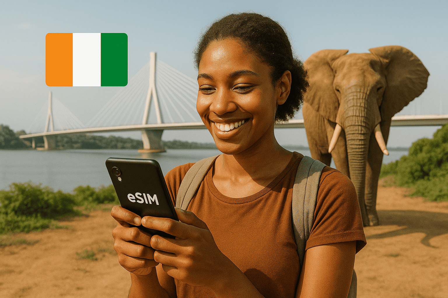 Voyageur utilisant une eSIM Côte d’Ivoire à Abidjan