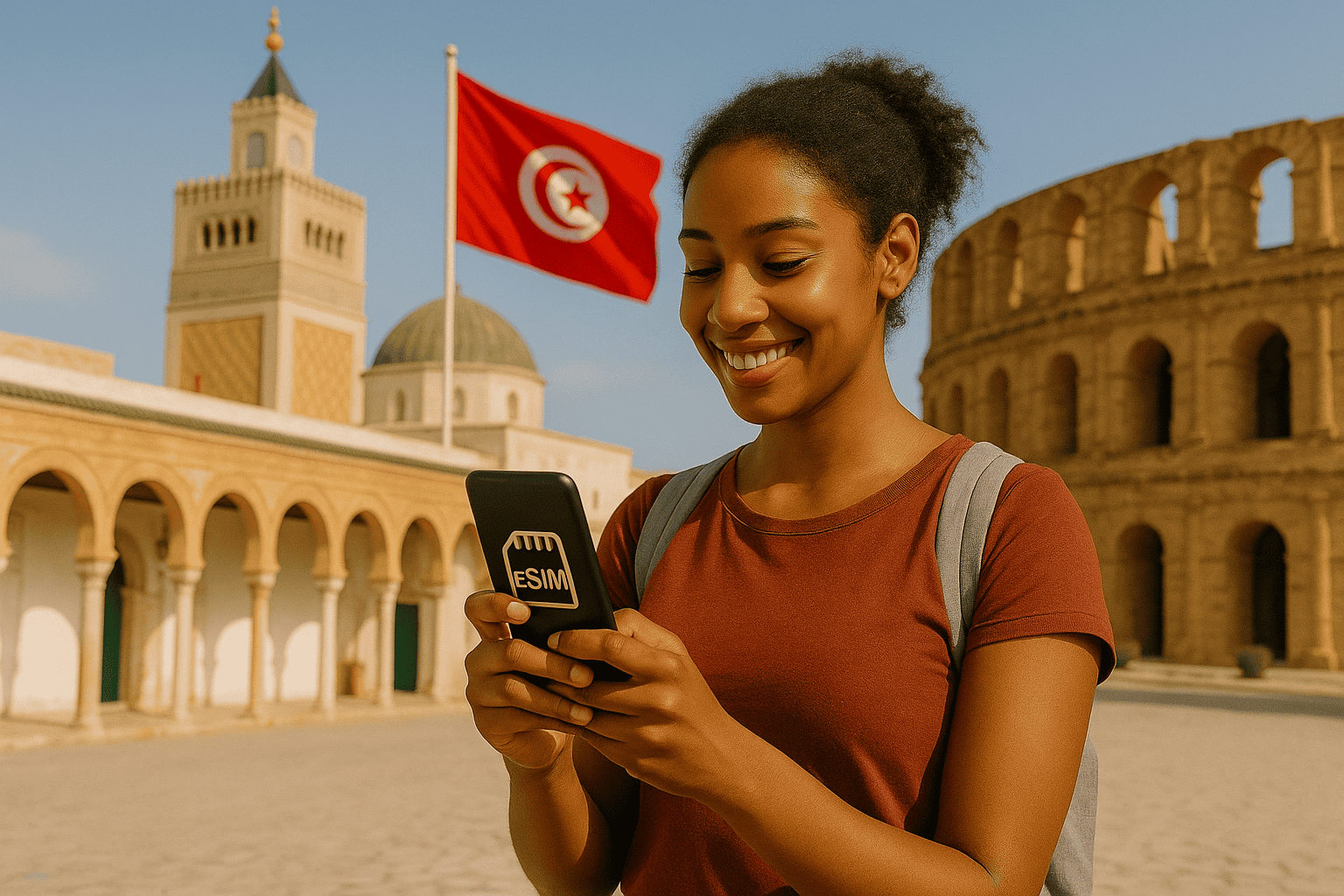 Voyageuse utilisant une eSIM Tunisie sur son smartphone à Tunis